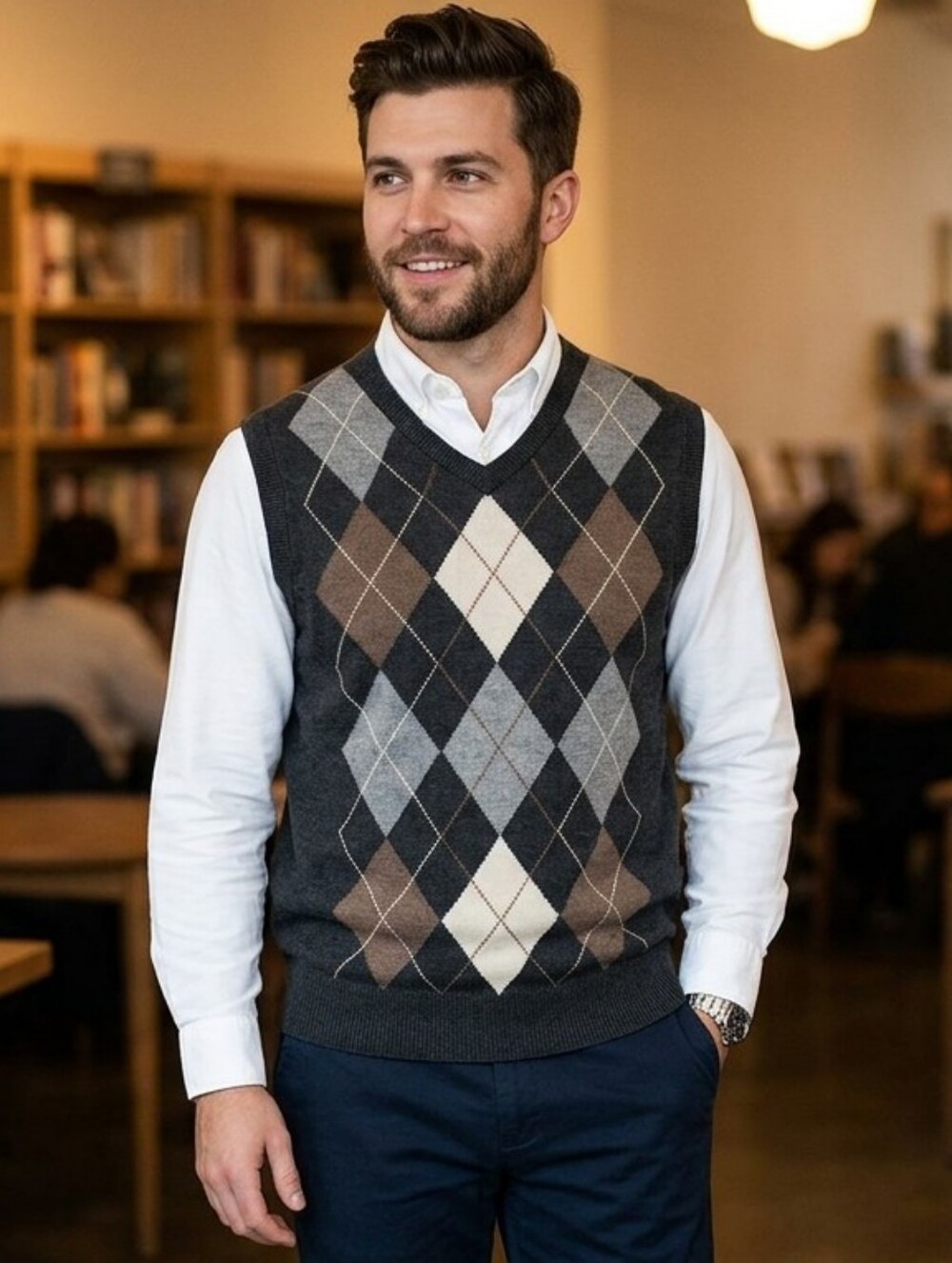 Dockers Argyle Sweater Vest in Gray and Brown • Size M/M